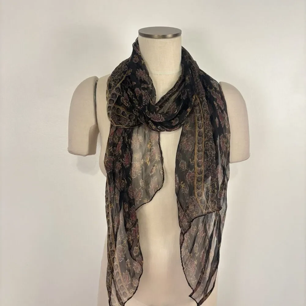 Sheer Scarf Black Floral Print Lightweight Long Rectangular Wrap Fairygrunge Y2K
